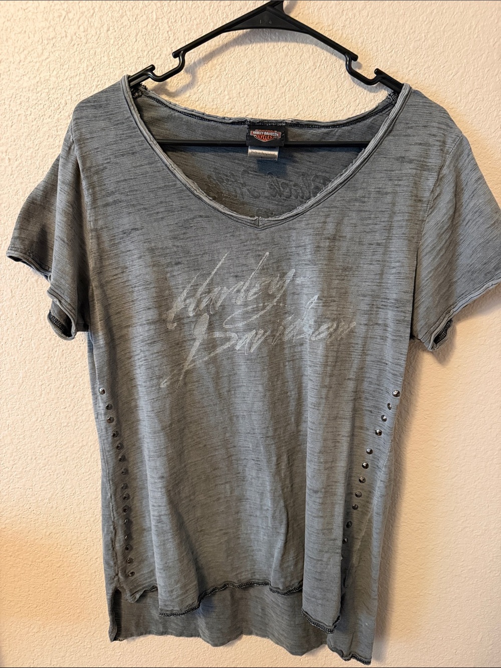 Harley-Davidson Women's Washed Gray V-Neck Tee with Side Studs